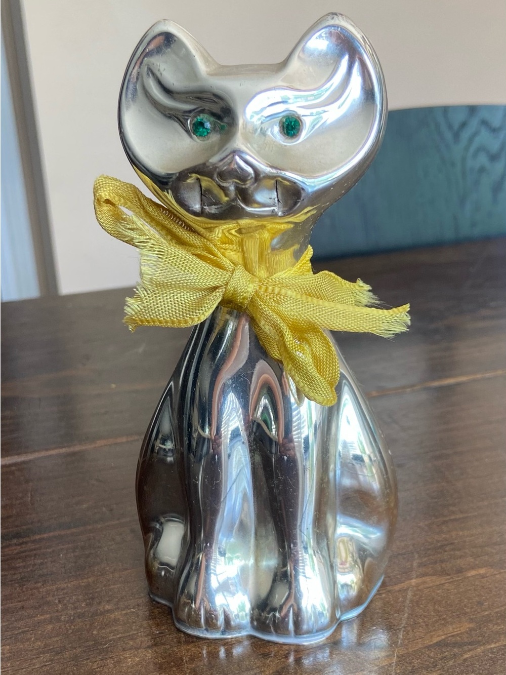 Vintage Danish Silver Cat Bank with Key & Stopper, Green Rhinestone Eyes.
